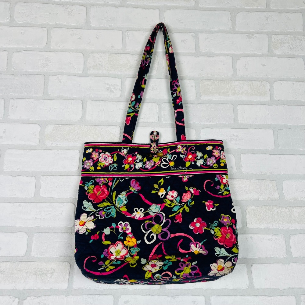 Vera Bradley Quilted Cotton Floral Tote Bag Dark Navy Blue Shoulder Bag